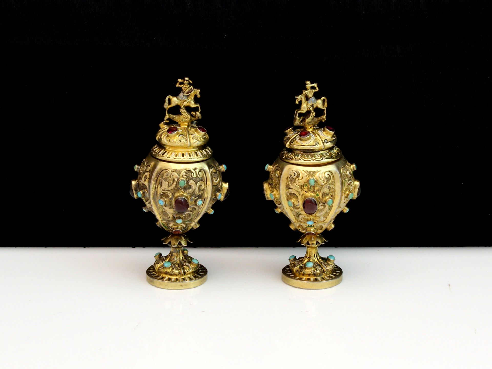 A pair of antique 19th Century Austro-Hungarian miniature jars Austria c1870. Each modeled as a