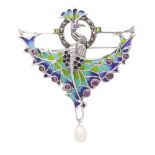 A plique a jour enamel and pearl pendant / brooch in sterling silver depicting a peacock with its