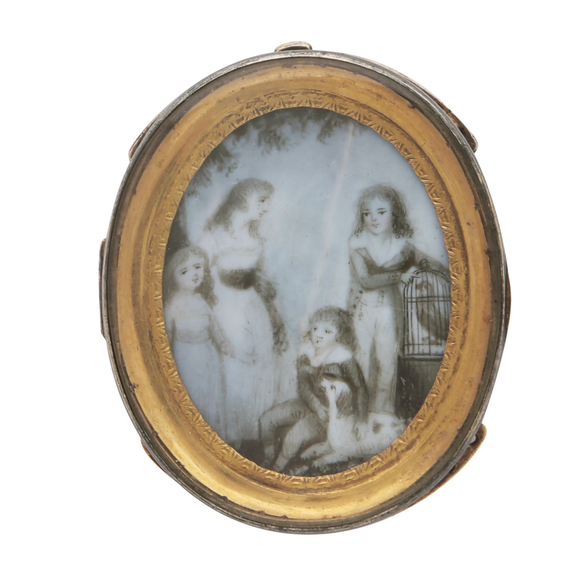 An antique Victorian portrait miniature clasp in yellow gold, the oval miniature behind a glass