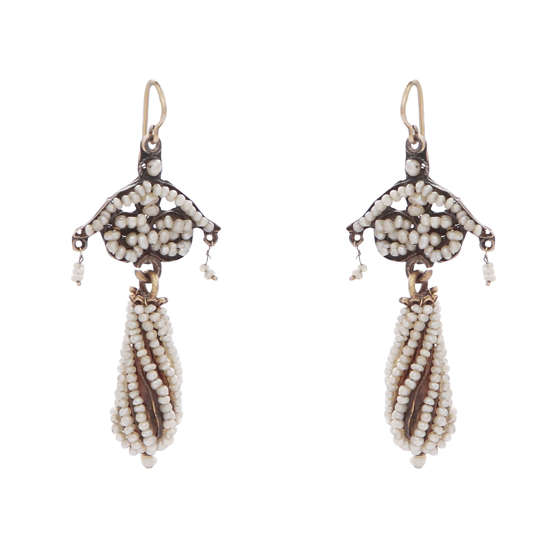 A pair of antique Georgian seed pearl drop earrings each designed as a swirling drop pendant