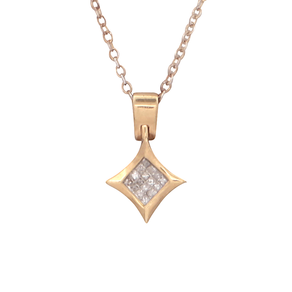 A diamond pendant in 14ct yellow gold the concave diamond shaped body set with sixteen princess