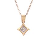 A diamond pendant in 14ct yellow gold the concave diamond shaped body set with sixteen princess