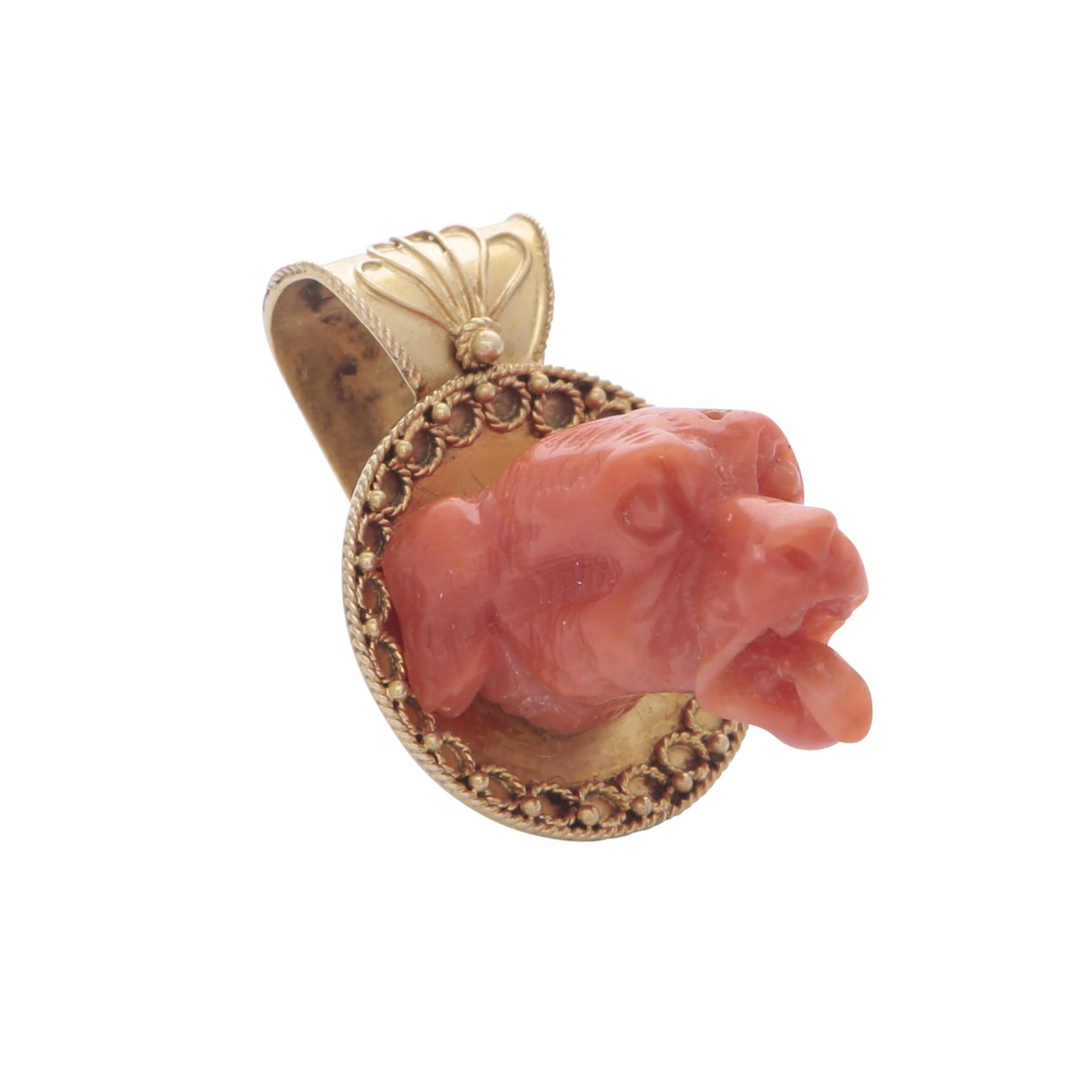 An antique Victorian coral dog pendant signed 'JB' possibly for John Brogden designed as a piece