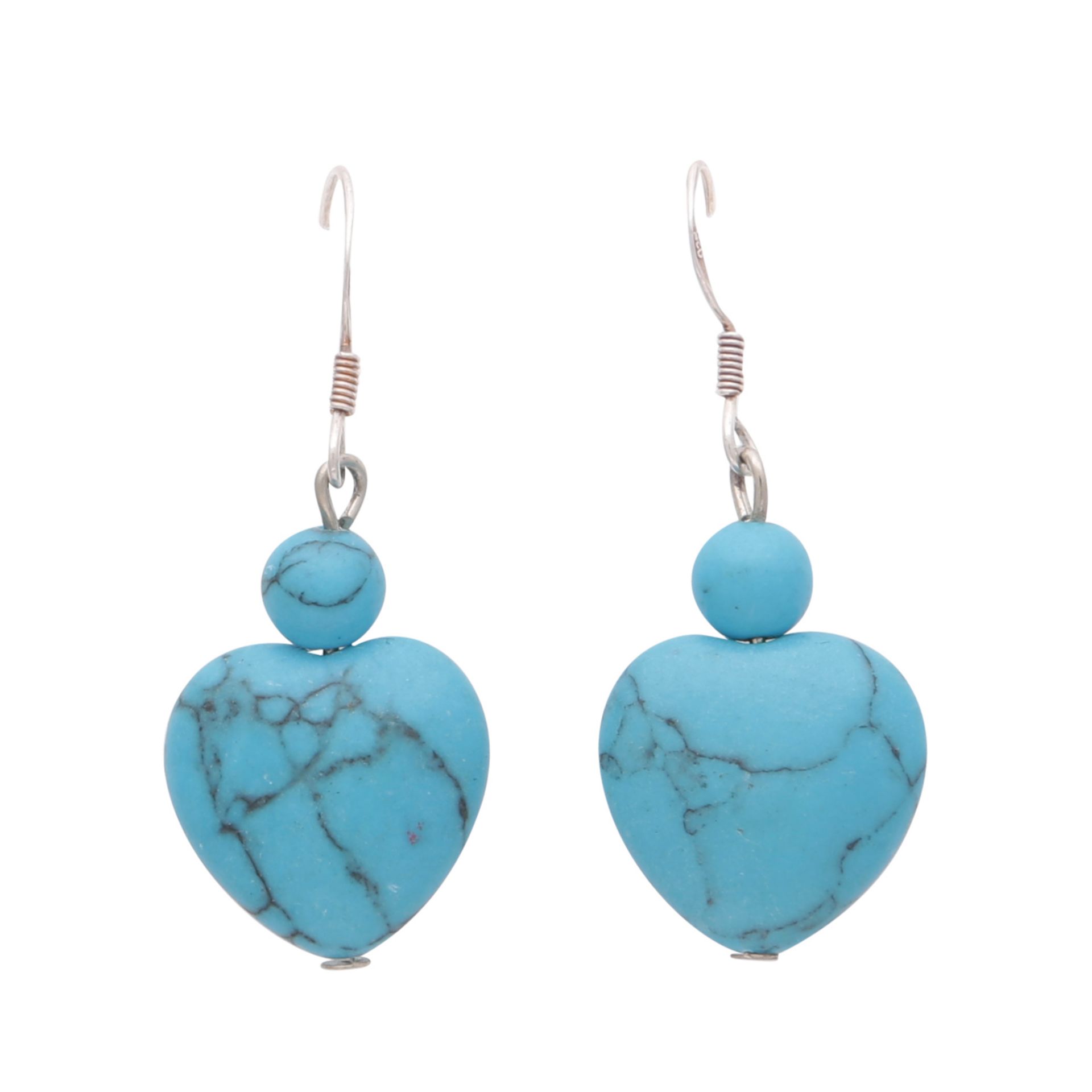 A pair of turquoise earrings each designed as a carved turquoise heart suspended below a bead from a