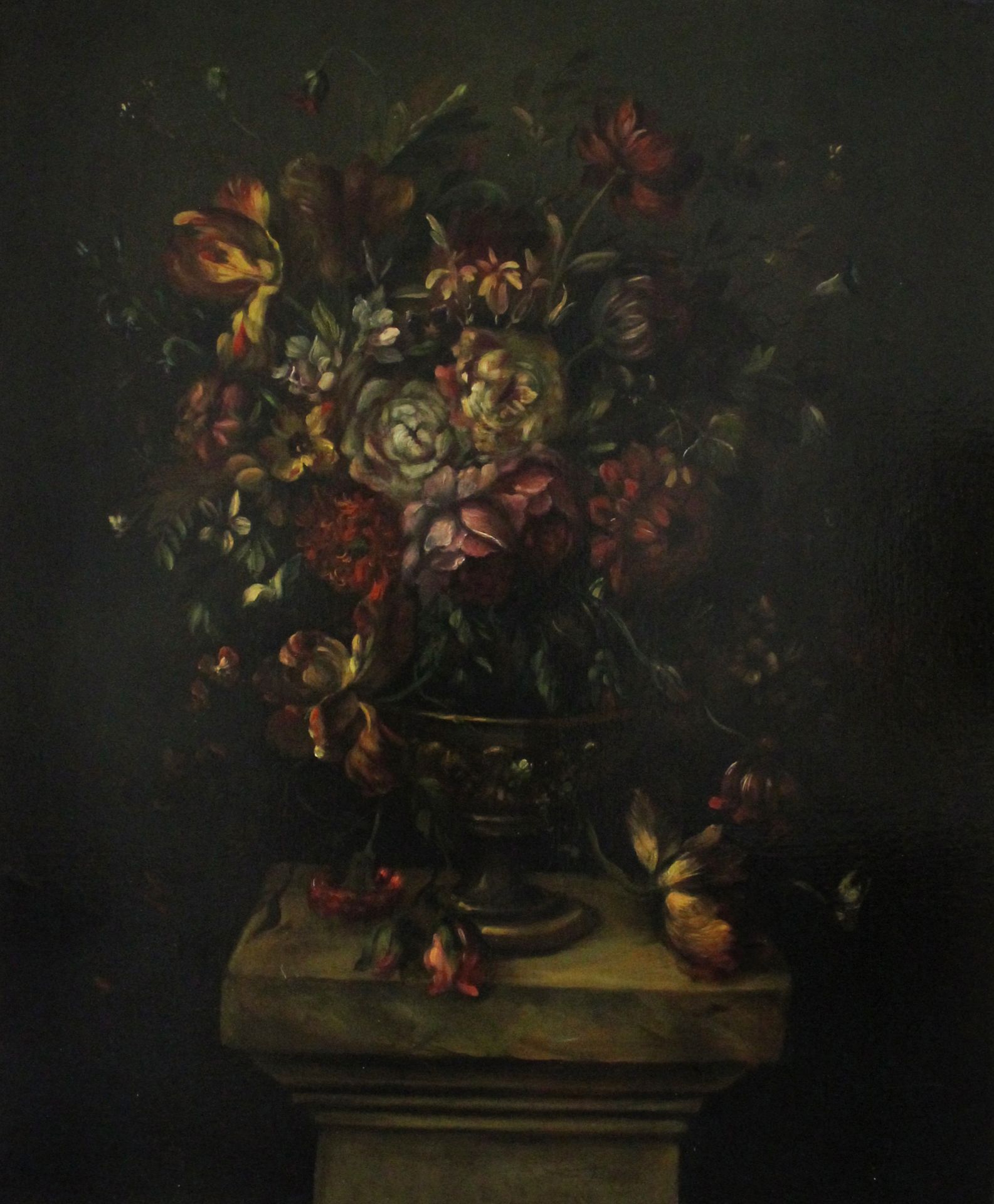 Jean-Baptiste Monnoyer (probably) A still life of assorted flowers in a vase on a stone pedestal