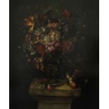 Jean-Baptiste Monnoyer (probably) A still life of assorted flowers in a vase on a stone pedestal