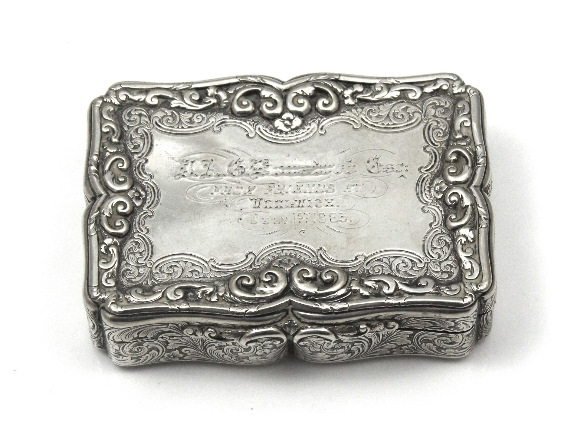 An antique Victorian Sterling Silver table snuff box by Nathaniel Mills, Birmingham 1847. Of