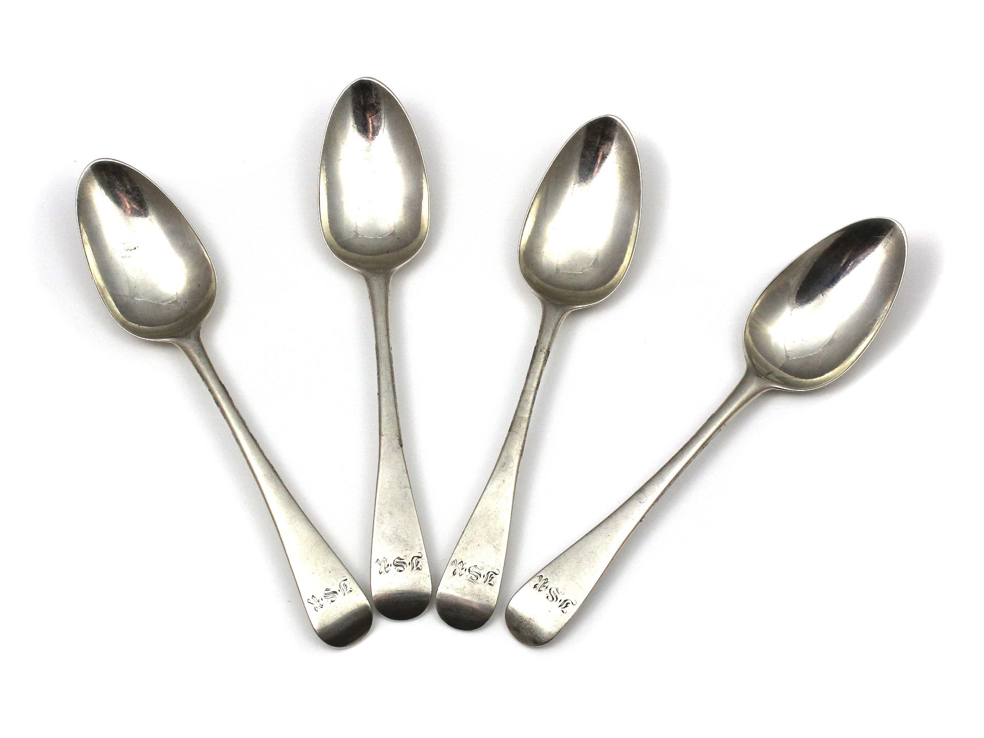 Four Antique George II Sterling Silver dessert spoons by John Owing or John Overing, London 1740. In