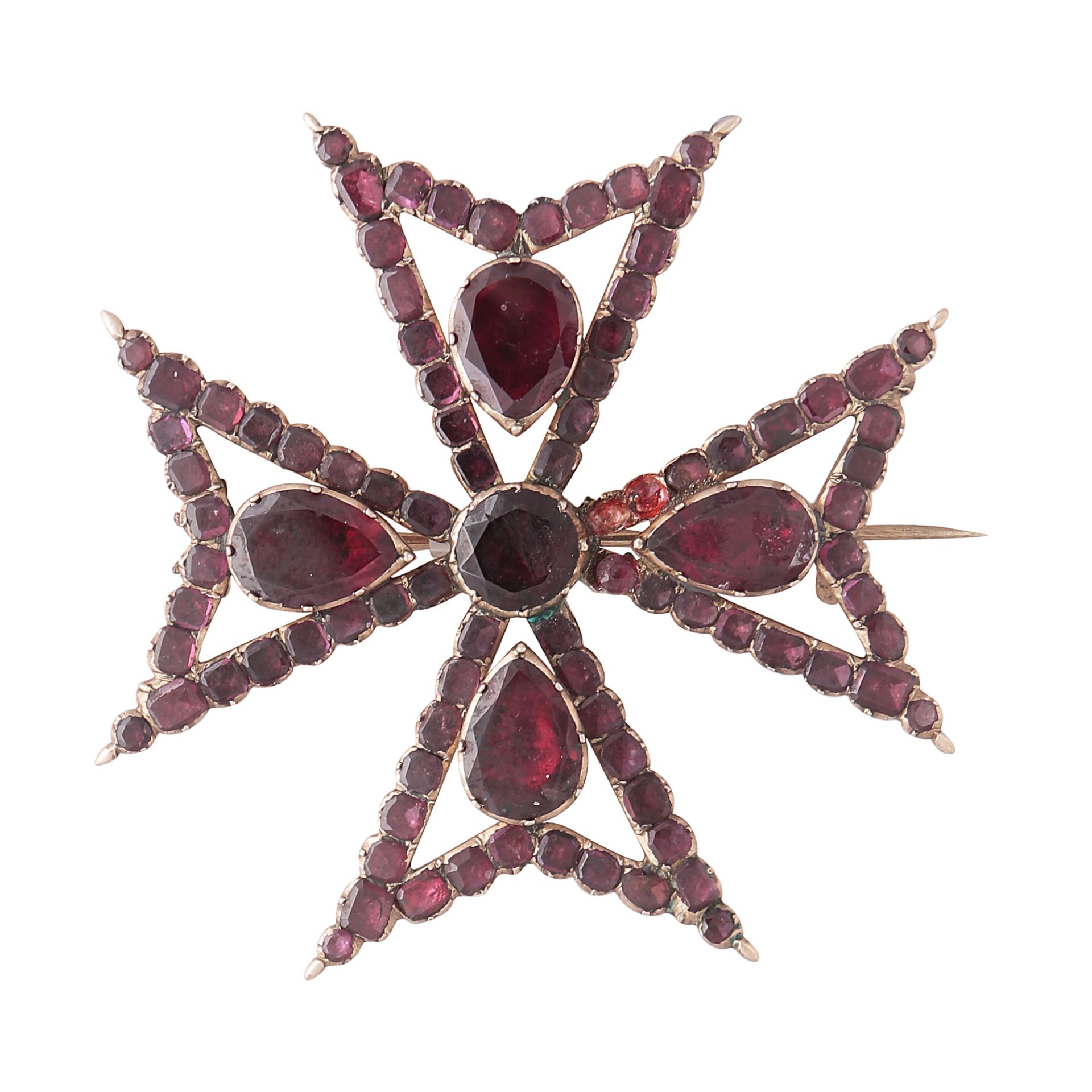 An antique Georgian garnet Maltese cross brooch circa 1820 in yellow gold, designed as a Maltese