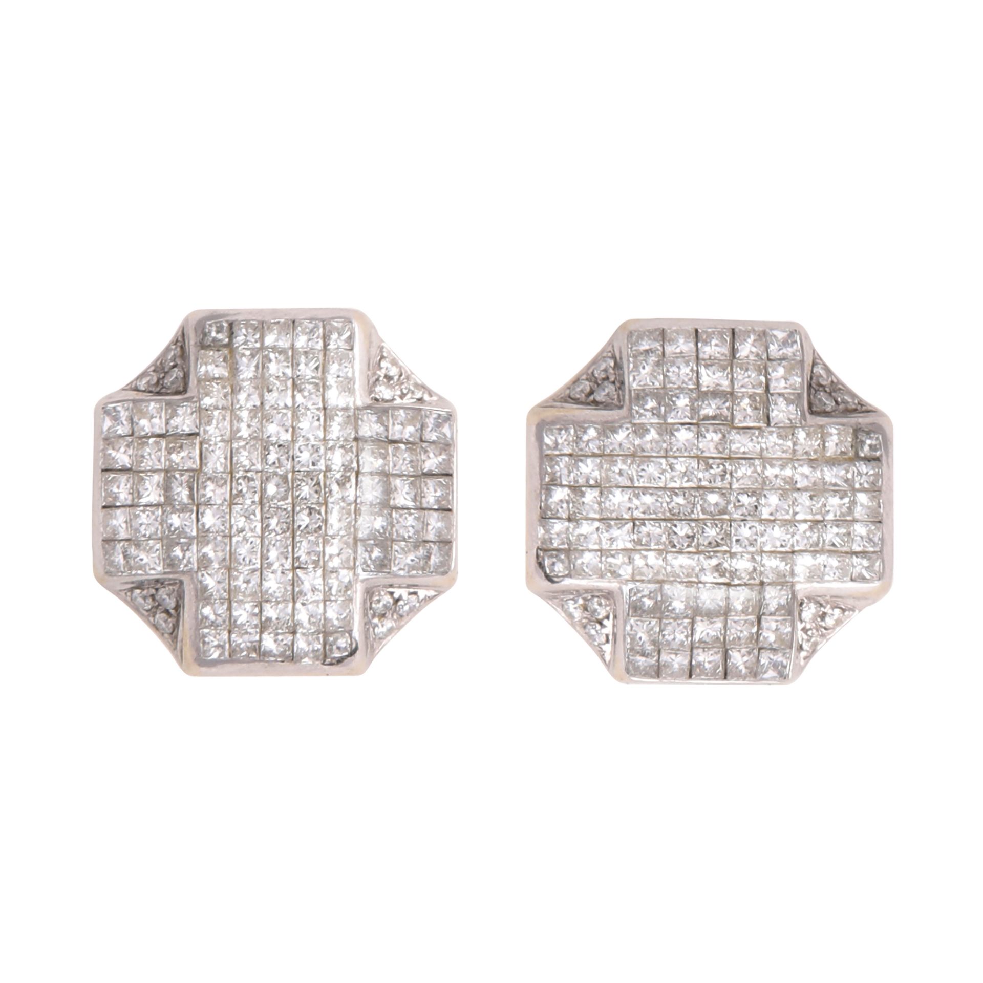 A pair of diamond cluster stud earrings in 14ct white gold formed as crosses, set with princess