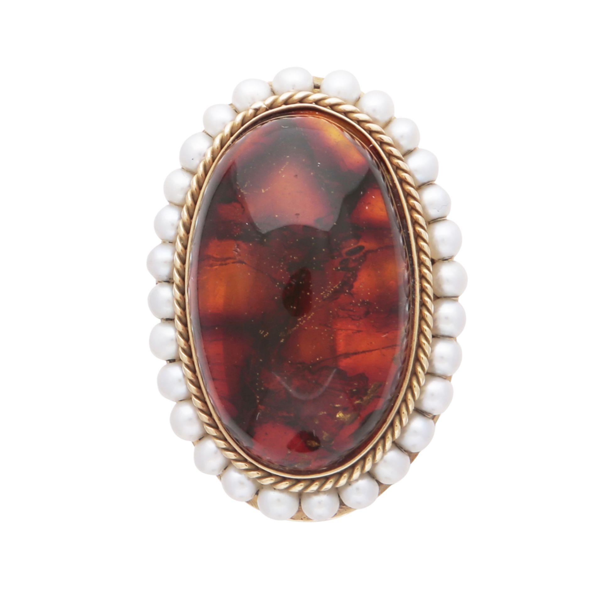An antique Italian amber and pearl dress ring in 18ct yellow gold, the large amber cabochon