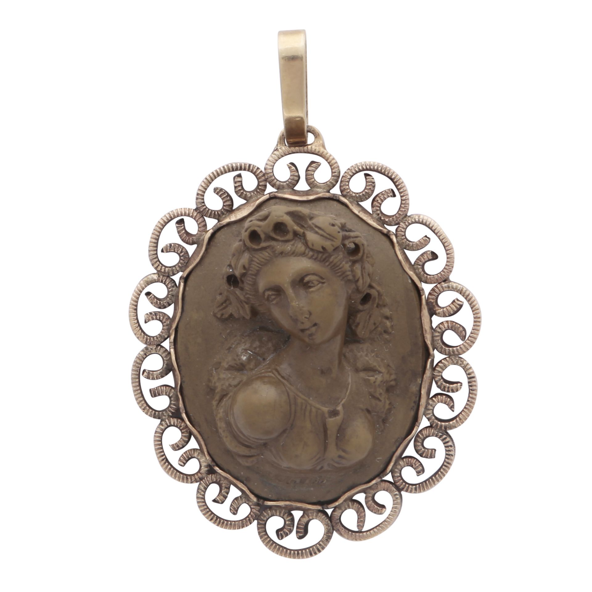 A fine antique carved volcanic lava cameo pendant probably German, set in 8ct gold, the cameo,