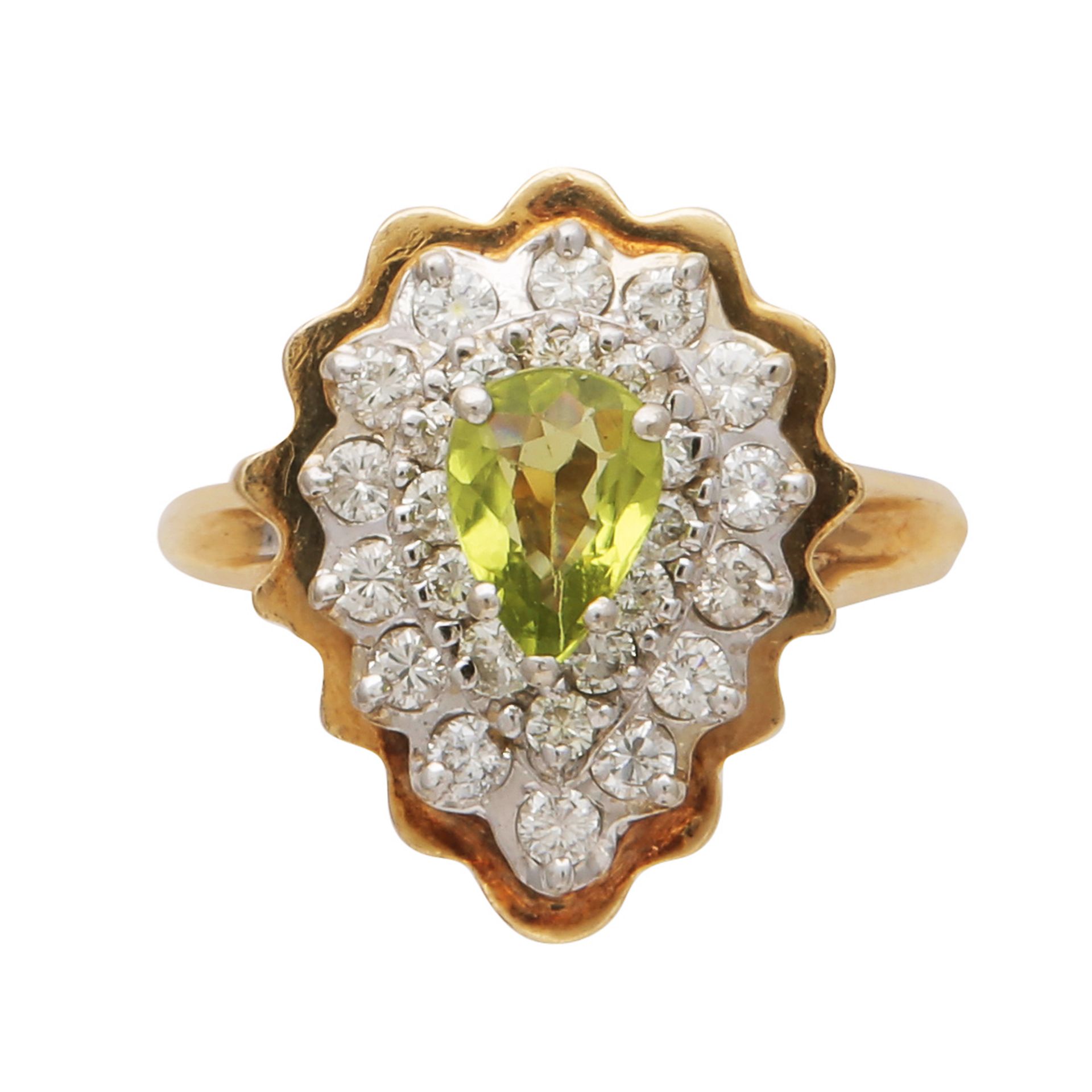 A peridot and diamond cluster ring in 14ct yellow gold set with a pear shaped period surrounded by