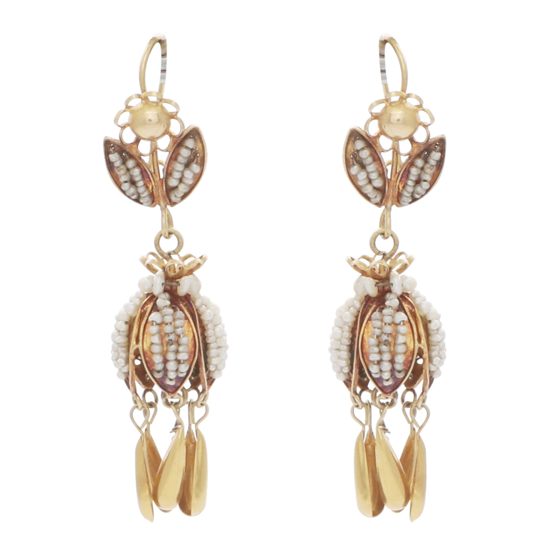 A pair of antique Georgian seed pearl drop earrings each designed as a pearl set pendant suspended