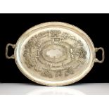 An Antique Colonial Indian Sterling Silver twin handled tea tray circa 1900. Of oval form with