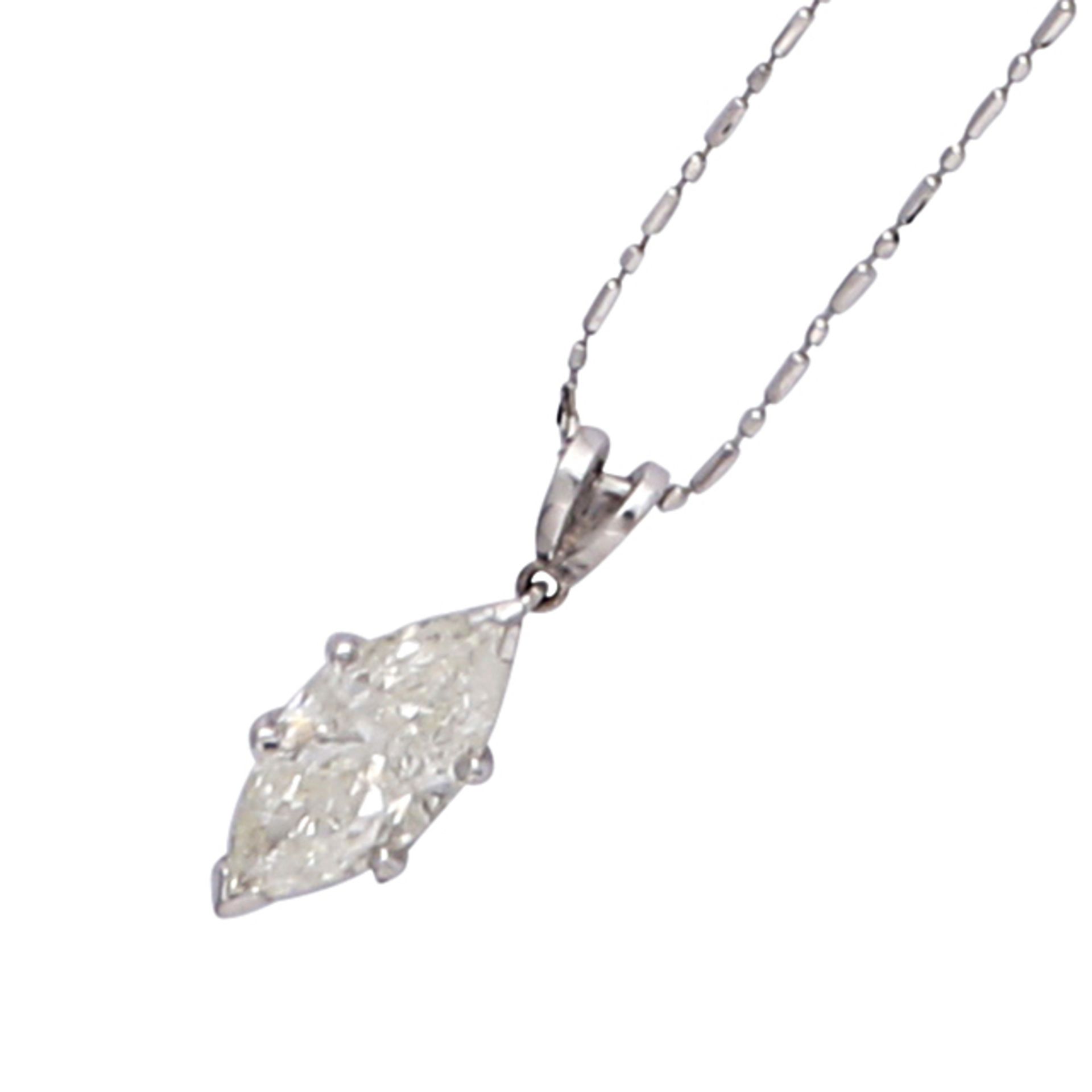 A solitaire diamond pendant and chain in 14ct white gold claw set with a marquise cut diamond