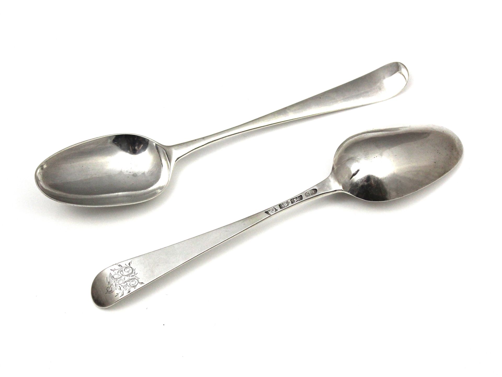 A pair of Antique George III Sterling Silver tablespoons by John Bourne, London 1774. In Old English