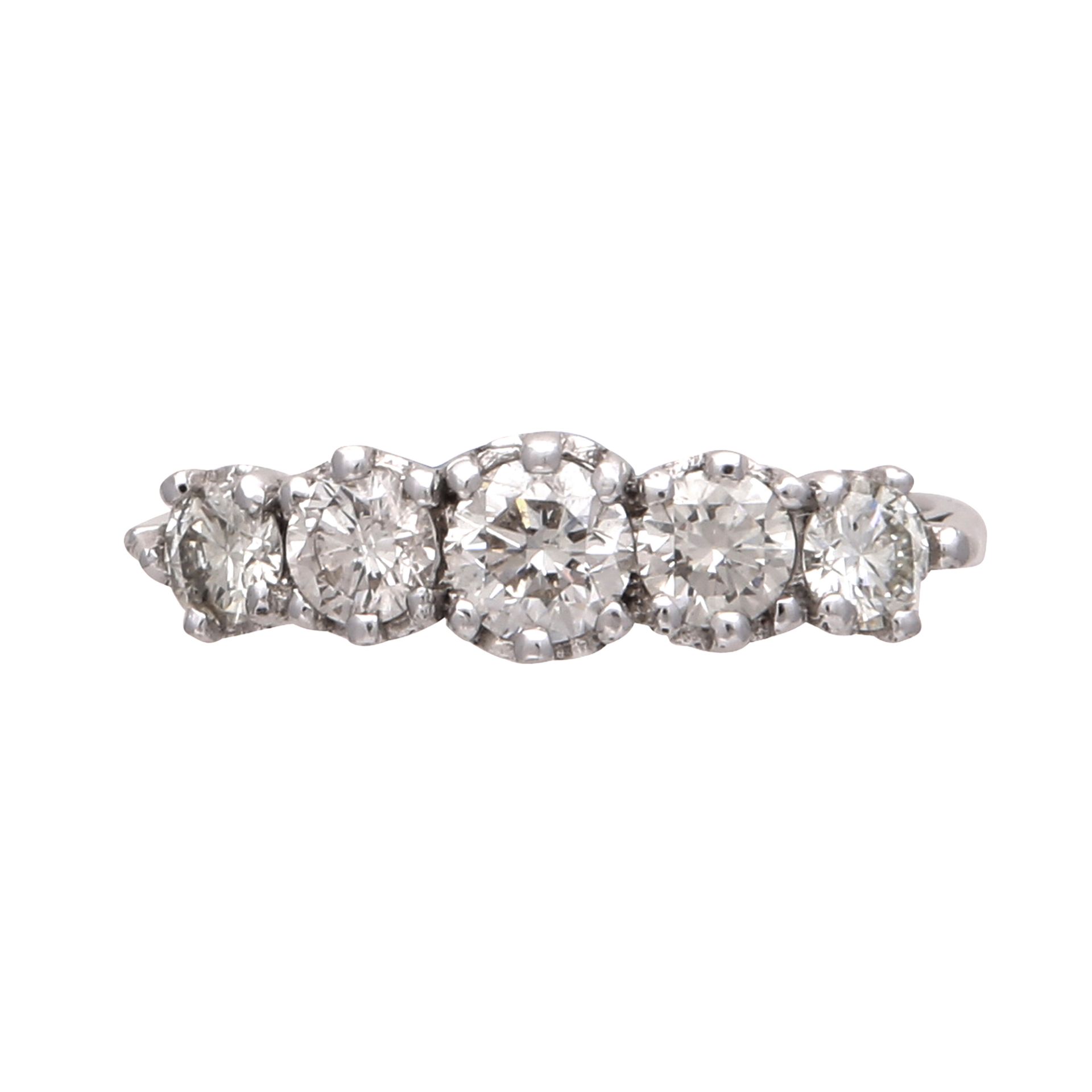 A diamond five stone ring in 18ct white gold set with five graduated round cut stones totalling