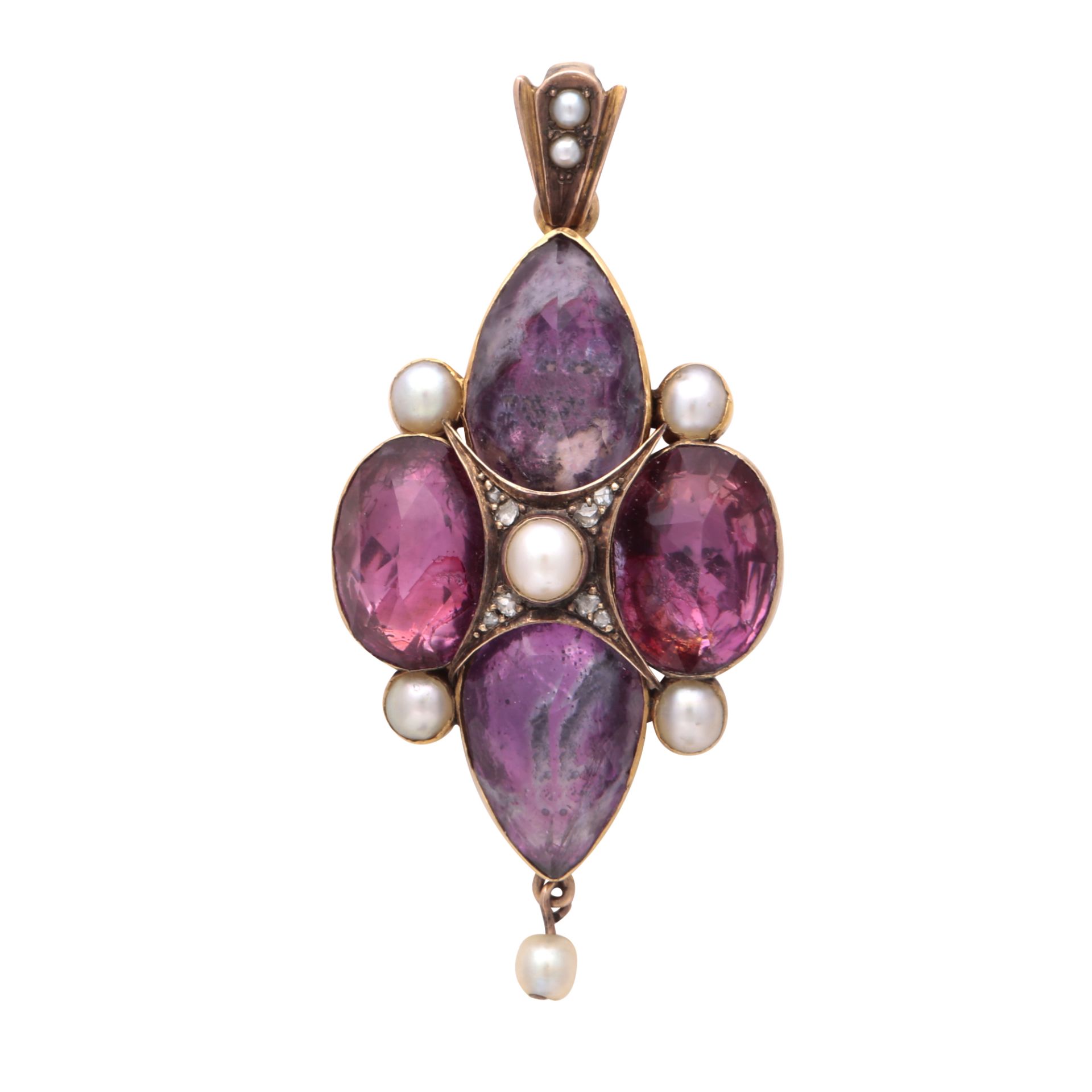 An antique Georgian pink tourmaline / topaz, pearl and diamond pendant set with four large variously