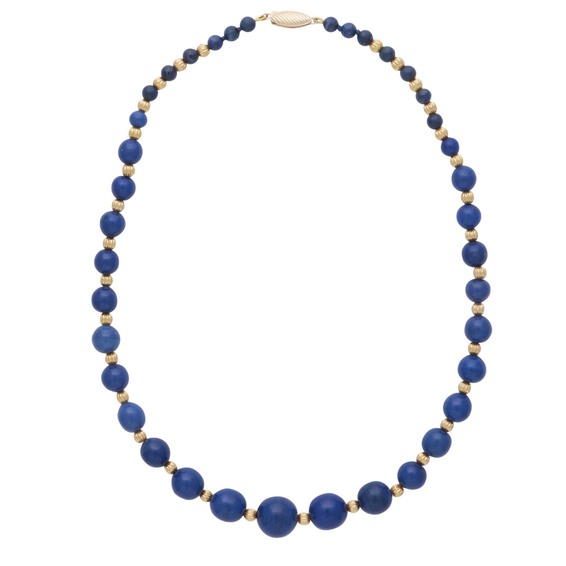 A lapis lazuli bead necklace in yellow gold, the single strand comprising thirty eight graduated