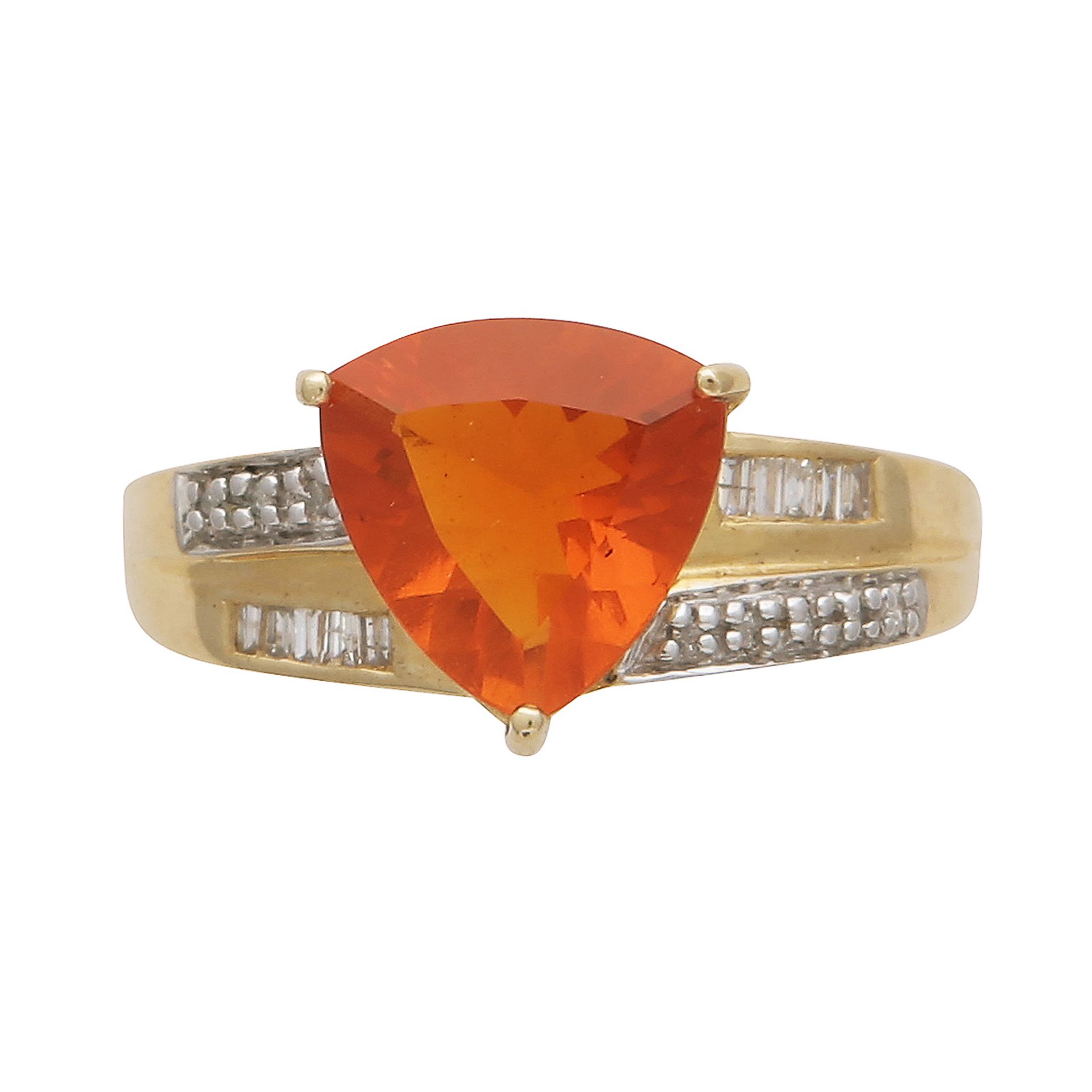 A fire opal and diamond dress ring in 14ct yellow gold set with a trilliant cut orange fire opal and