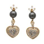 A pair of pearl and diamond drop earrings in 18ct yellow gold, each designed as a jewelled diamond