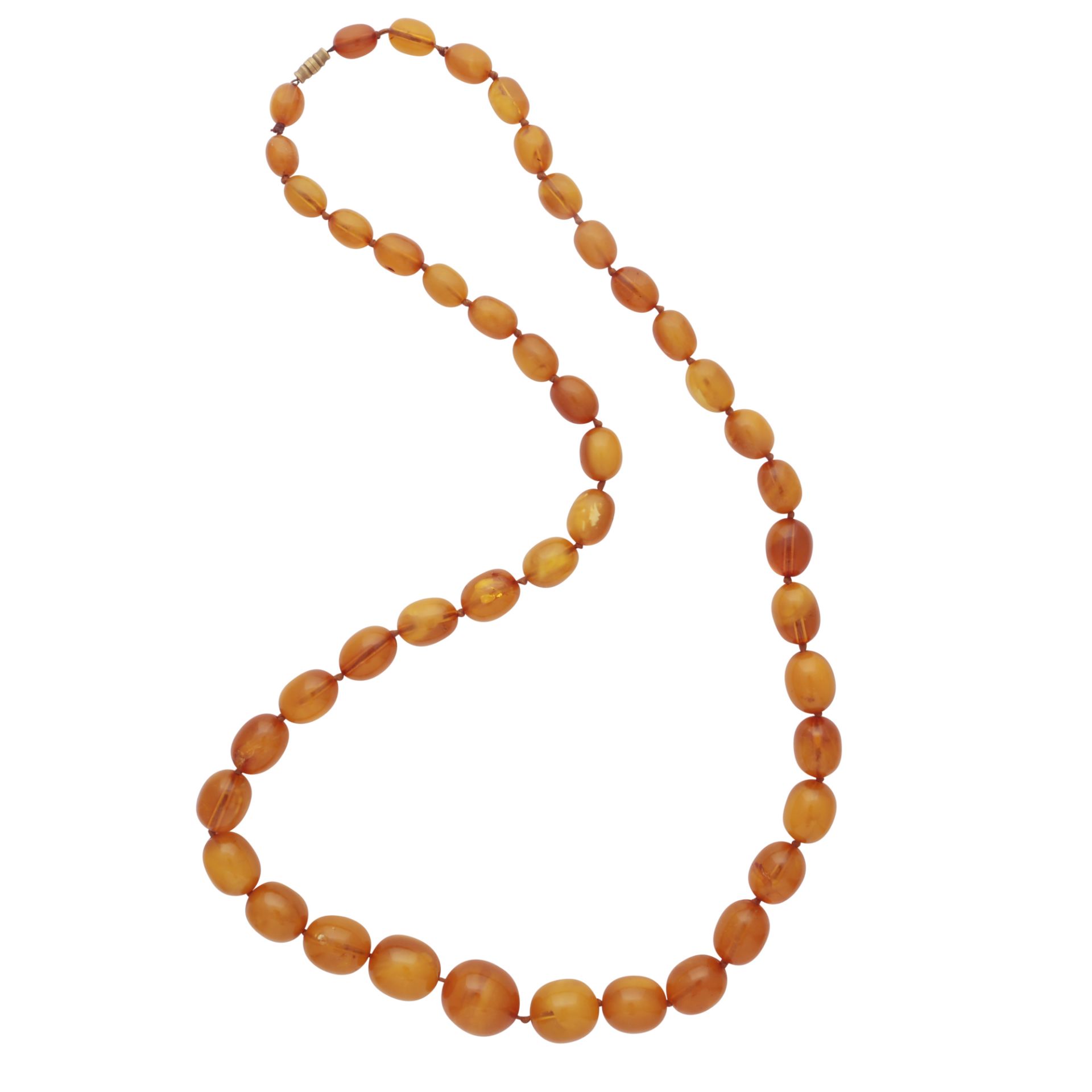 An antique natural amber bead necklace the single string of graduated, oval, polished beads