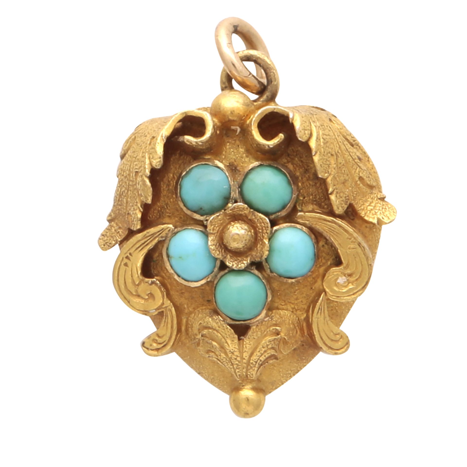 An antique Victorian turquoise bead heart pendant in high carat yellow gold designed as a heart