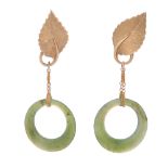 A pair of jade pendant clip earrings in 14ct yellow gold, designed as two hoops of green nephrite