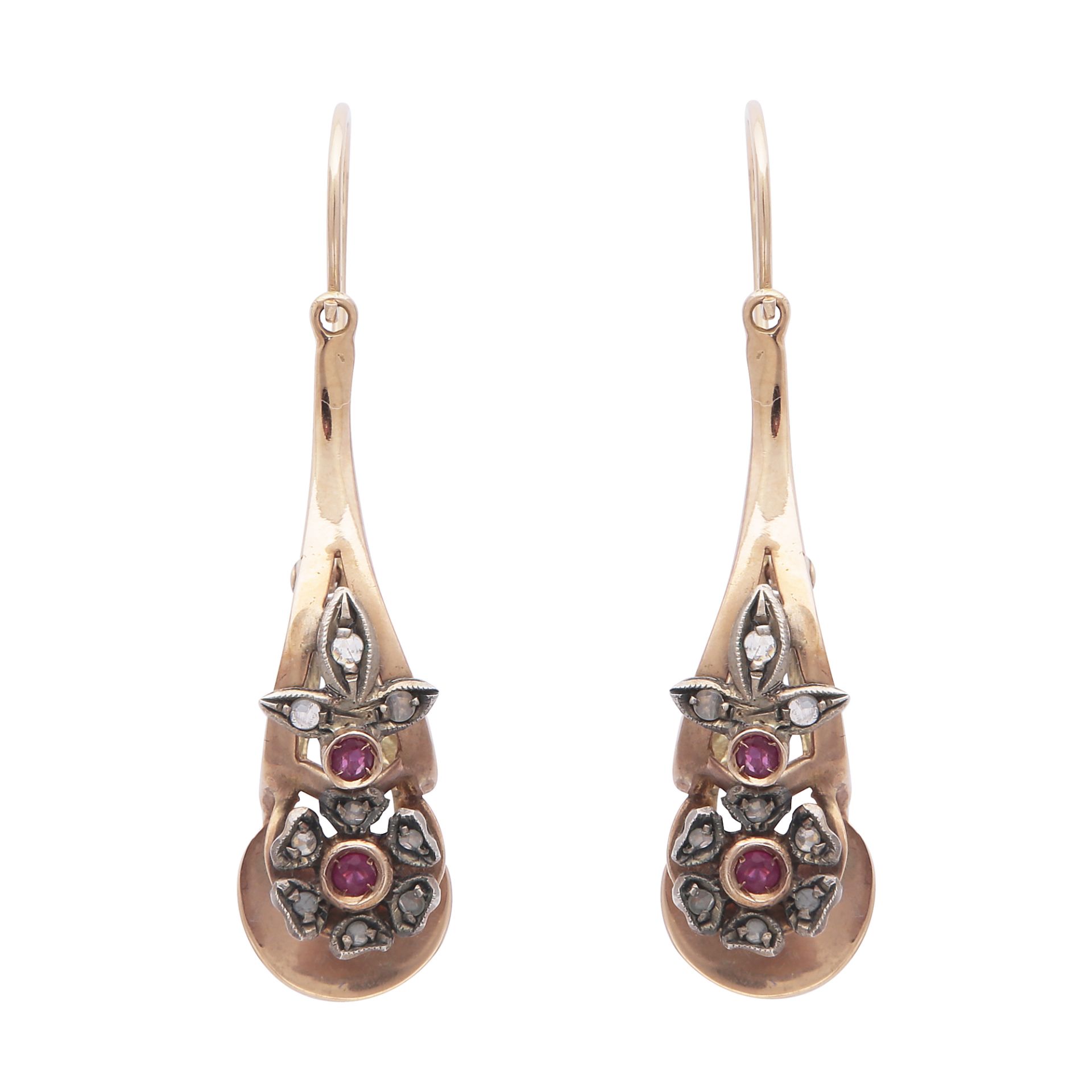 A pair of antique Italian ruby and diamond drop earrings in 14ct yellow gold, each set with round