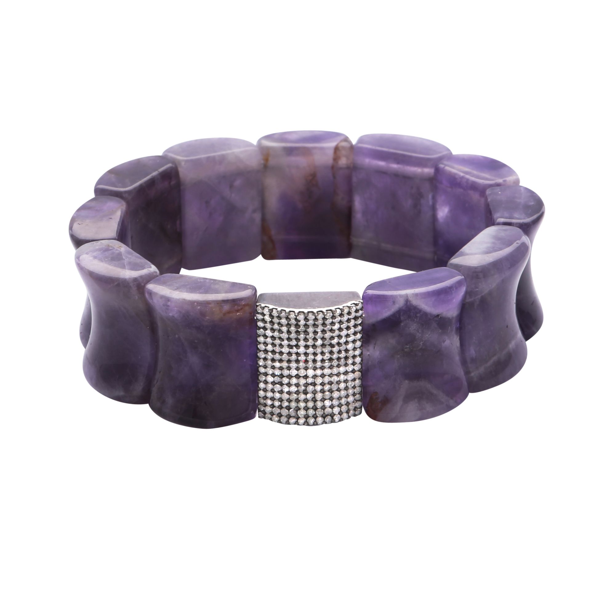 An amethyst and diamond bracelet designed as eleven carved amethyst panels punctuated by one