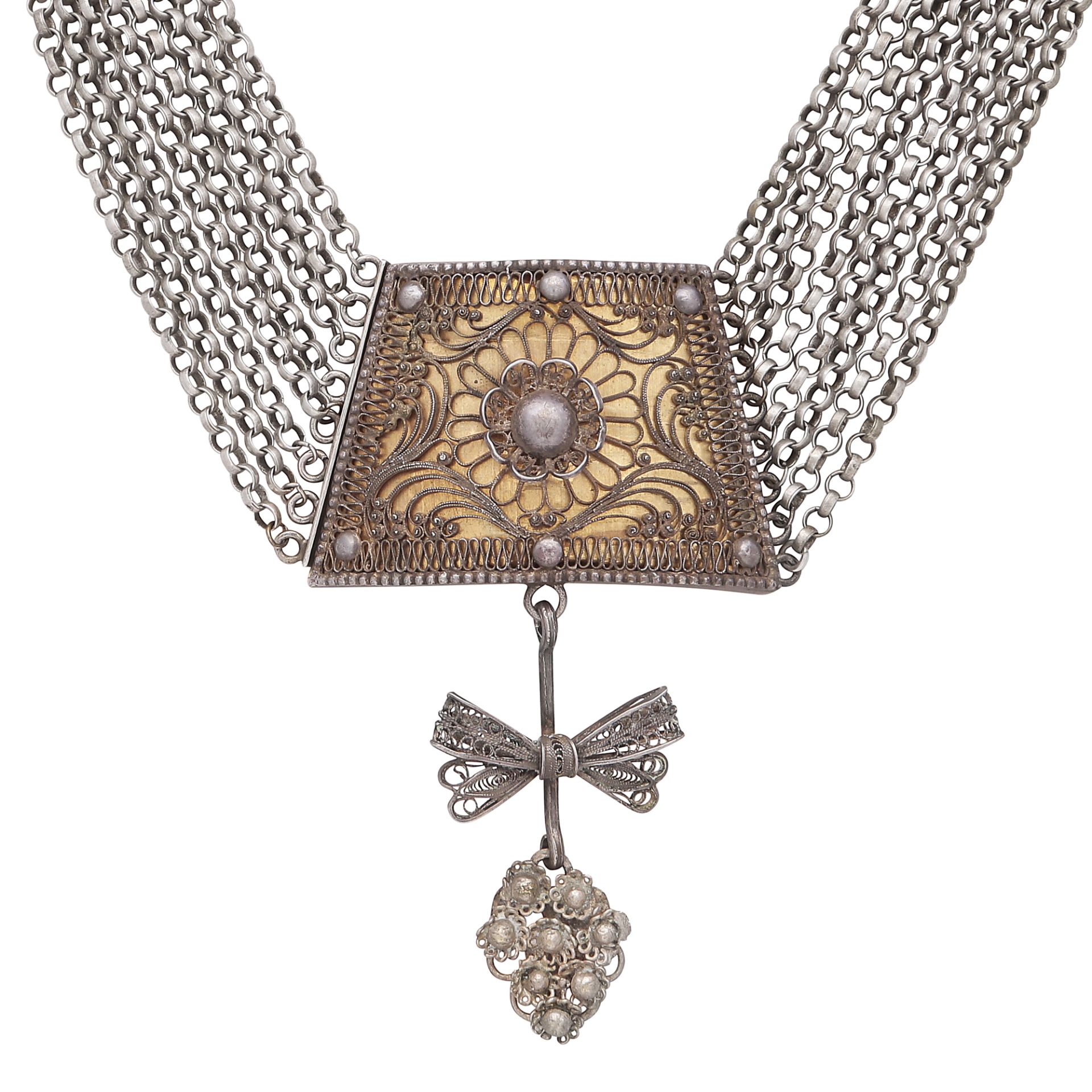 An antique German 'Berlin Ironwork' style necklace in silver and gold, designed as a trapezium