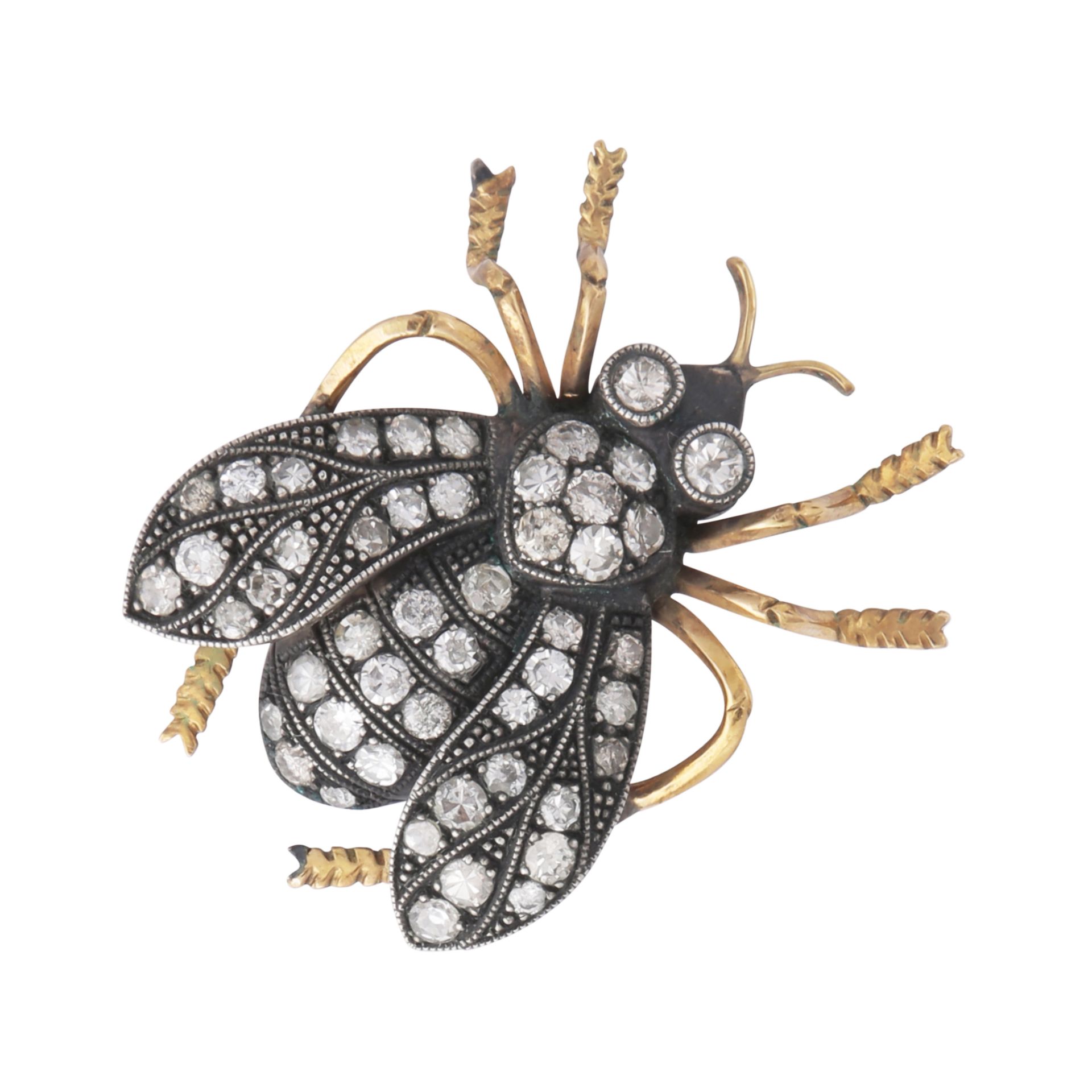 An unusual jewelled insect brooch in yellow gold and platinum, designed as a fly, its body and wings