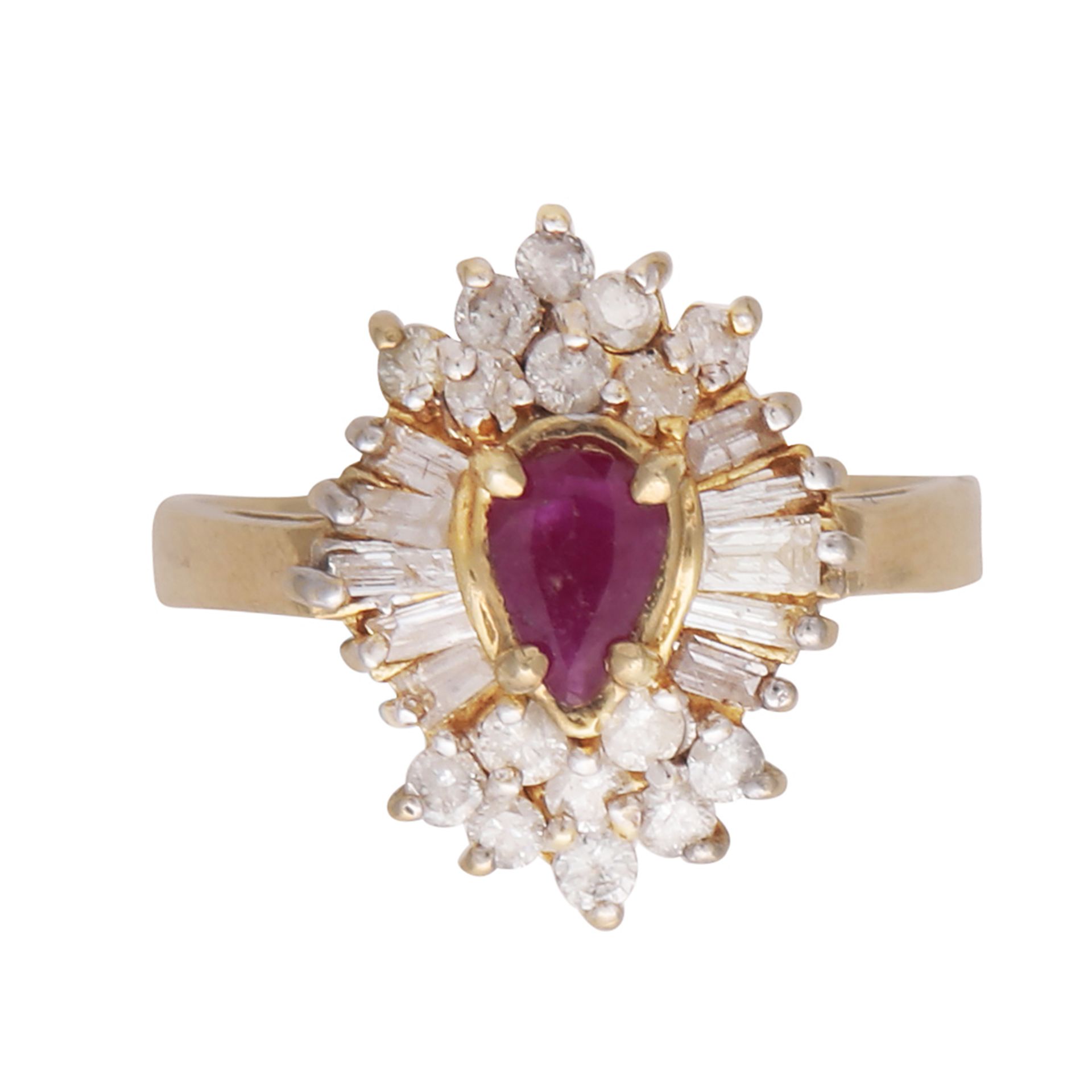 A ruby and diamond cluster ring in 14ct yellow gold the pear shaped ruby claw set, surrounded by a