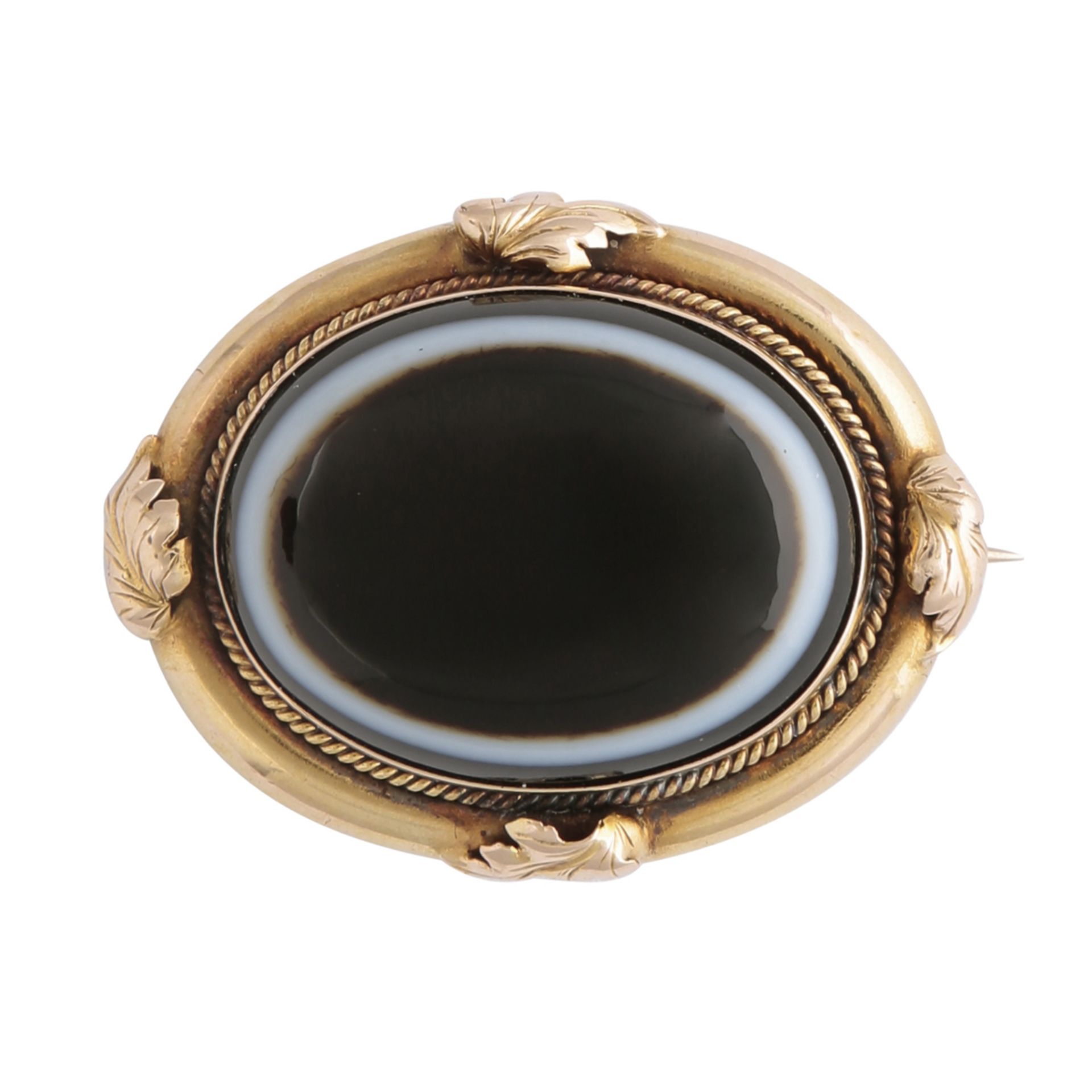 An antique Georgian / Victorian banded agate mourning brooch the large cabochon measuring 25x19mm,