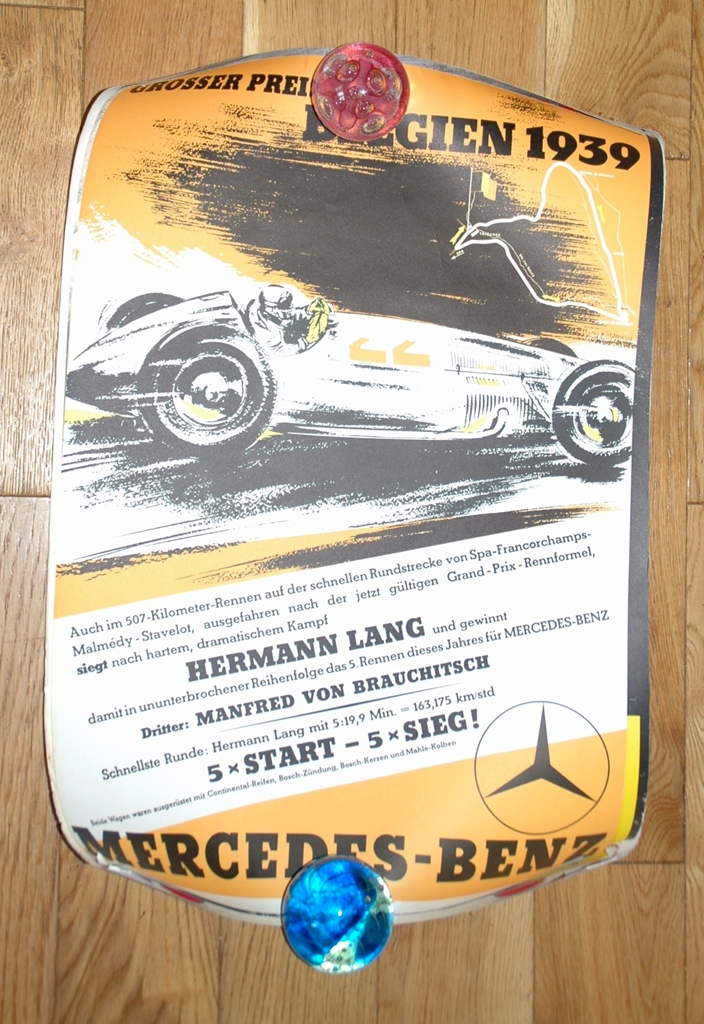MERCEDES BENZ BELGIAN GRAND PRIX Victory Poster. (1939) Rolled - Faded