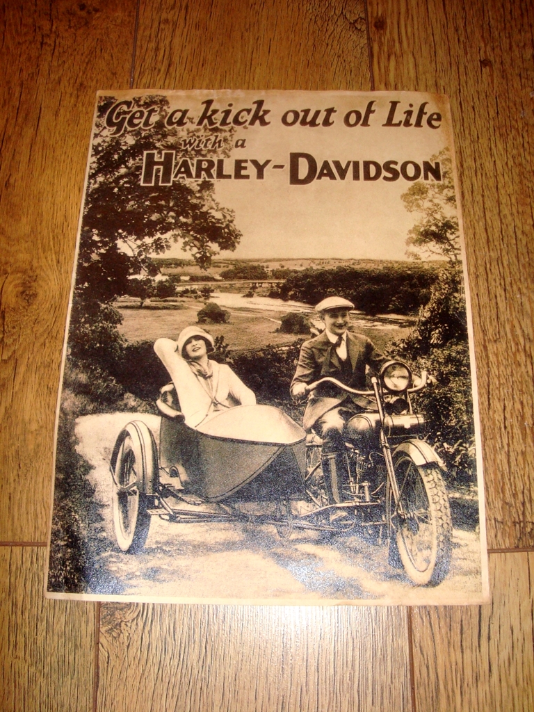 AUTOMOBILIA - A Harley Davidson 1925 Model Advertising Poster 'Get a Kick out of Life' (11" x 15")