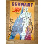 TWA Advertising POSTER (1950s) GERMANY Art by David Klein featuring Nuremberg Fountain. Condition: