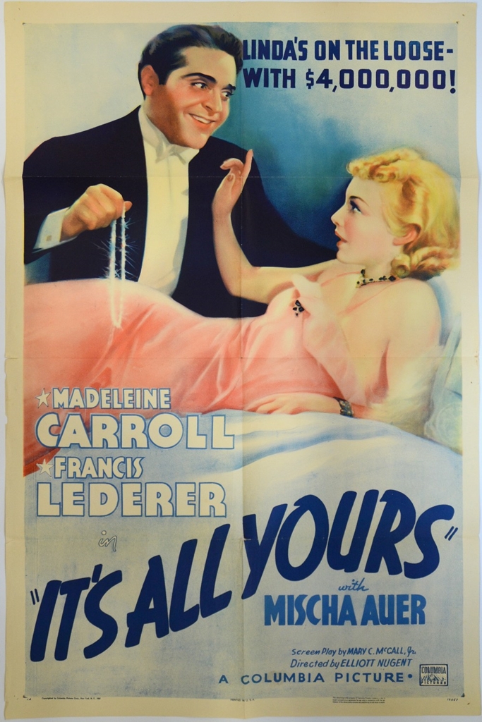 IT'S ALL YOUR'S' (1937) US One Sheet (27" x 41") (Madeleine Carroll & Francis Lederer) 41 x 27in. (