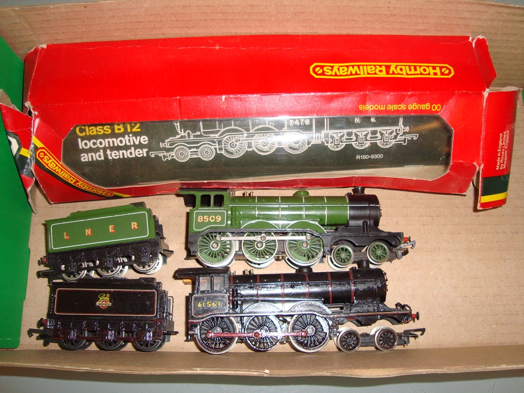 A pair of Hornby Class B12 locomotives, one in LNER green (part boxed), one repainted and detailed