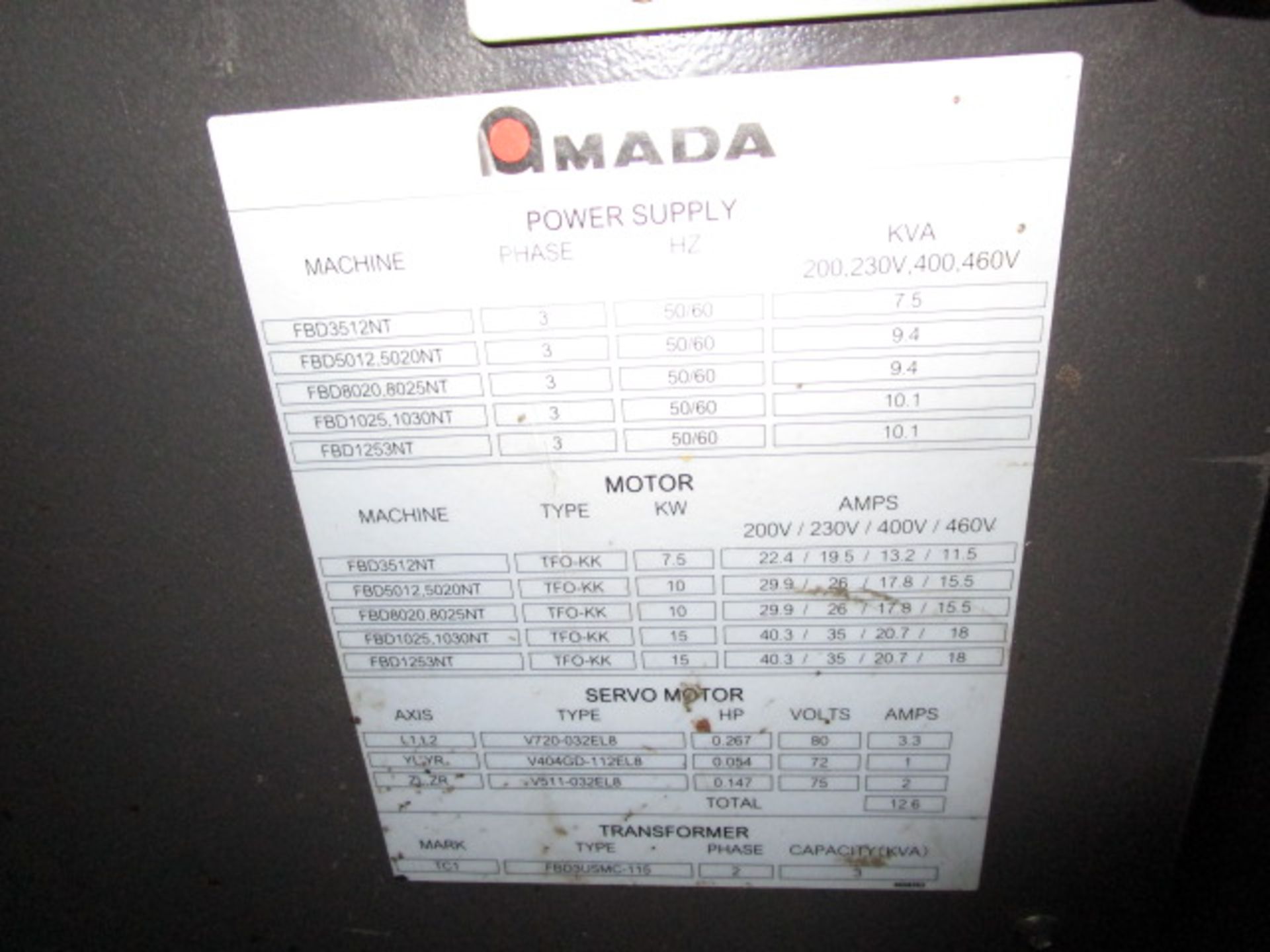 Amada FBD-8025NT Press Brake Machine, Model FBD-8025NT, Serial Number 80250388 - Image 9 of 22