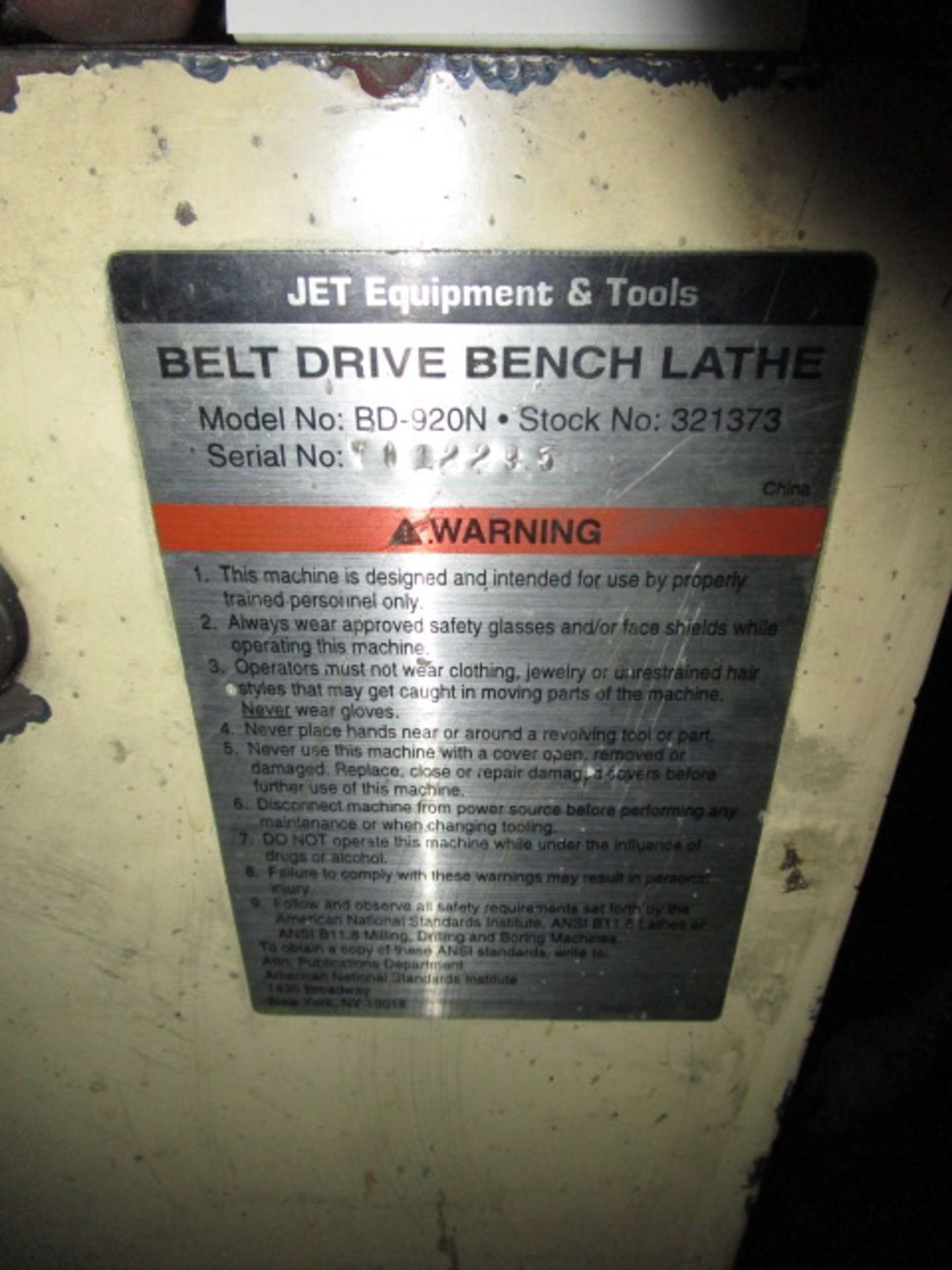 JET Belt Drive Bench Lathe, Model BD-920N, Serial Number 012295 - Image 3 of 4