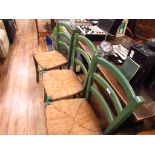 3 green wicker seat chairs