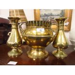 Brass Jardinere and pair Baluster vases