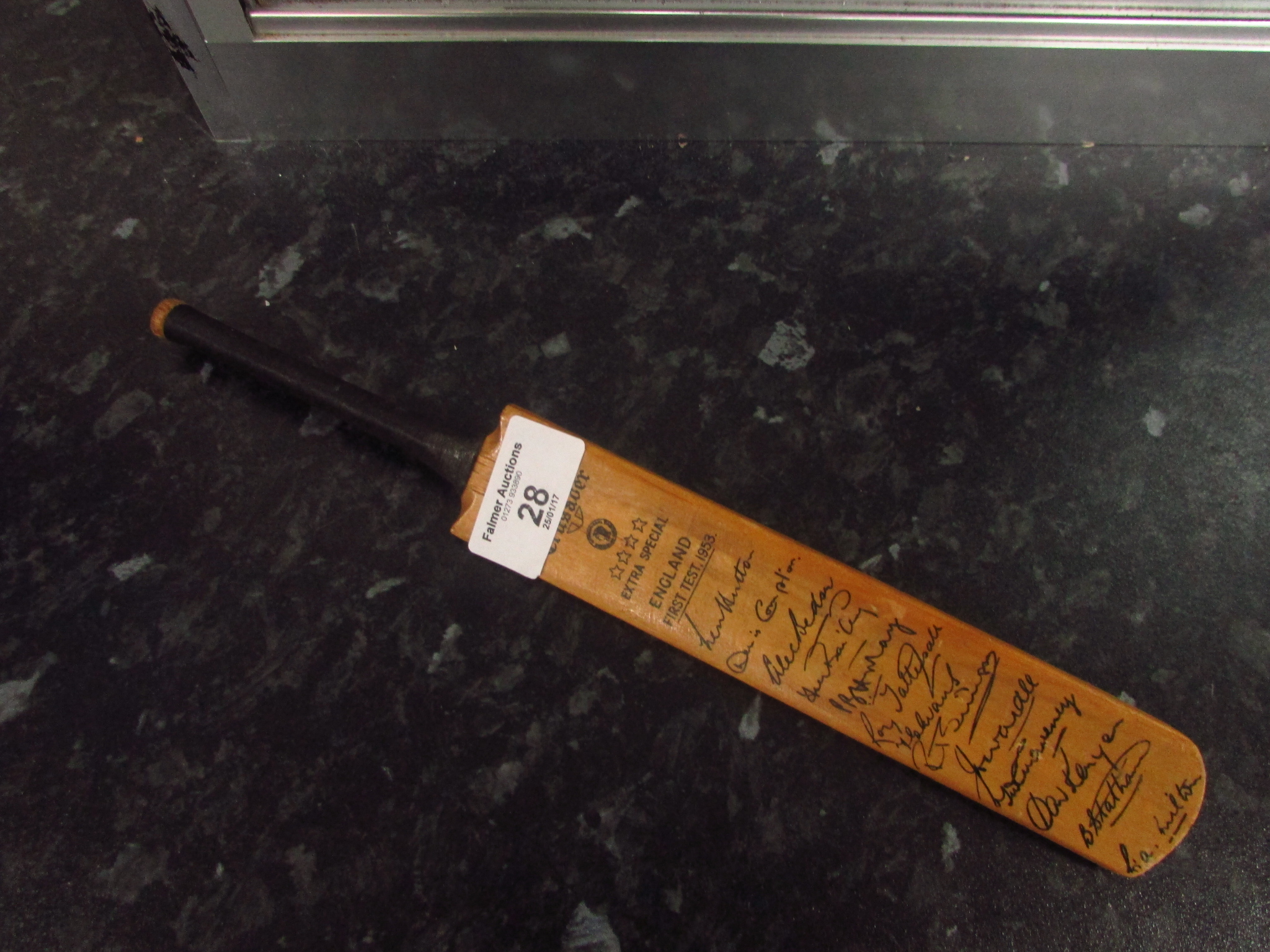 Extra Special England First Test 1953 souvenir miniature cricket bat