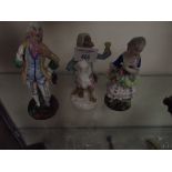 Continental porcelain monkey musician, some faults + a pair of figures Lady and Man