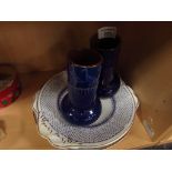 Pair of blue glazed spill vases + 4 various plates