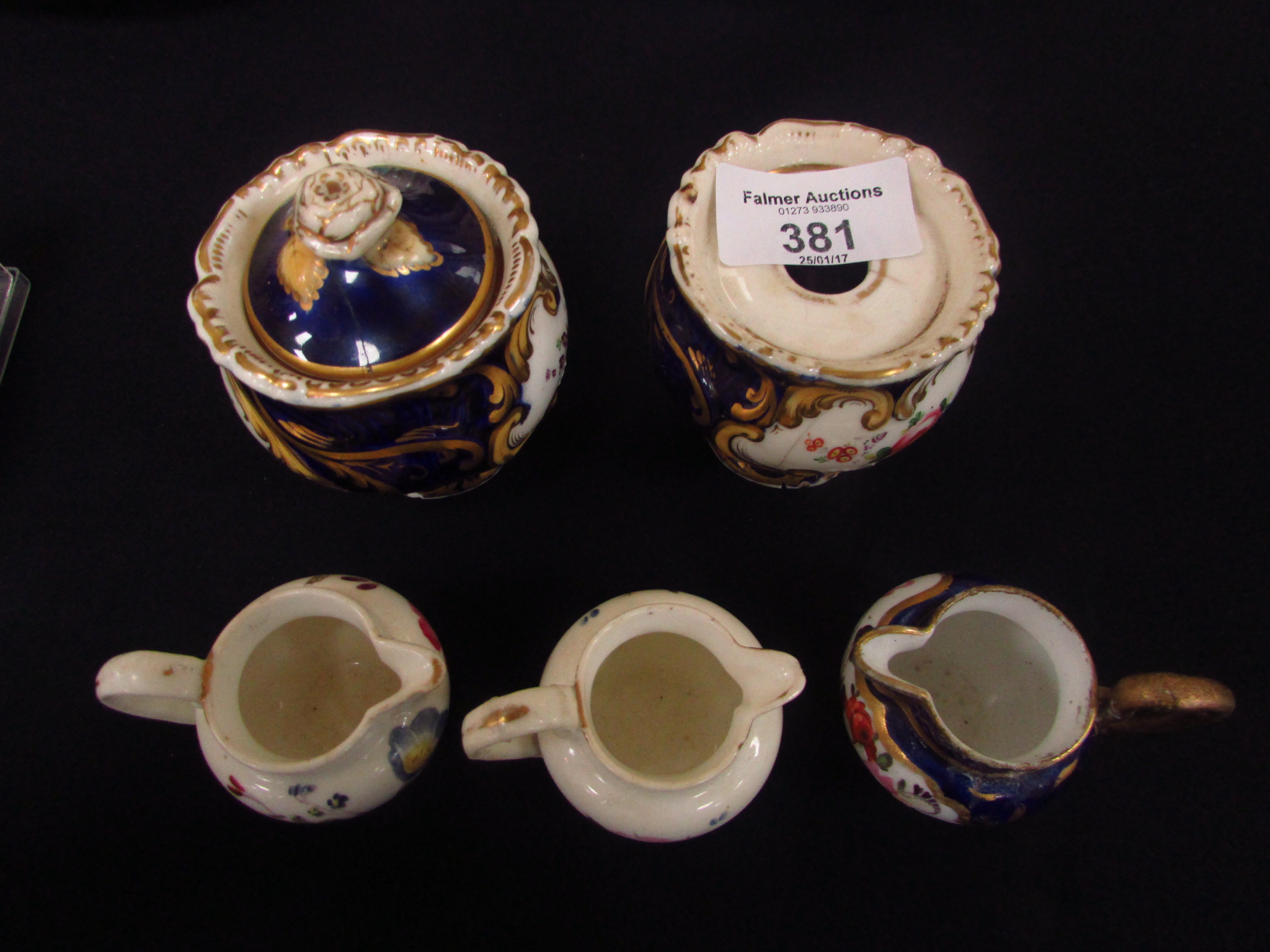 Pair of early 19thC floral painted miniature jugs, 1 other and 2 ink wells