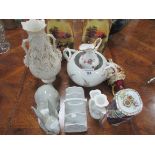 Pair transfer decorated vases, coal port ewer a/f + 7 other items