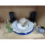 Art Nouveau porcelain vase, 19 other items + pair blue glazed spill vases + 4 various plates